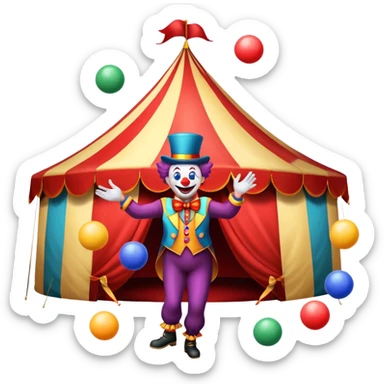 Icon for Circus Arts: a circus tent with a performer juggling colorful balls, a unicyclist, and a clown. The icon should convey the excitement and fun of circus performances, with emphasis on skill, acrobatics, and entertainment. Transparent background. sticker