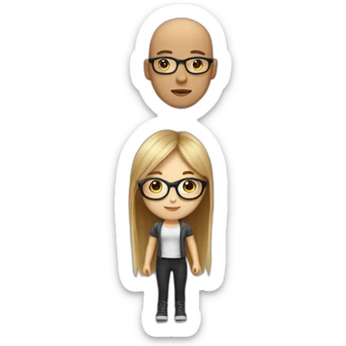girl with bro2n long straight hair and black round glasses and bald boy sticker