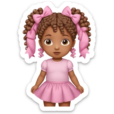 a brown skin baby with curly hair and a baby pink skirt and baby pink bows with her hair in pigtails sticker
