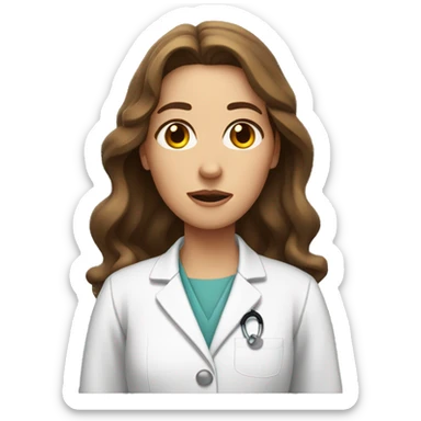 Women with surprised face with wavy long brown hair, with small brown eyes and very high eyebrows , wearing lab coat  sticker