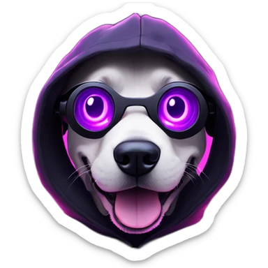 funny dog wearing a black hoodie with "OMG" letters on it and VR headset in a cyberpunk VR environment with violet neon lighting. sticker