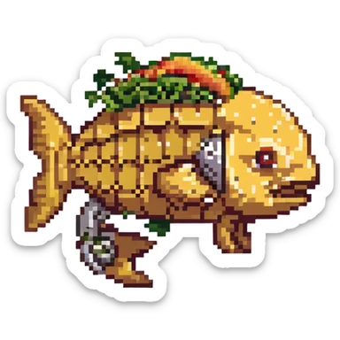 a cyborg robotic carp who's body is made from a filled crunchy taco, with lettuce salsa meat and cheese. he is fish taco bot man sticker