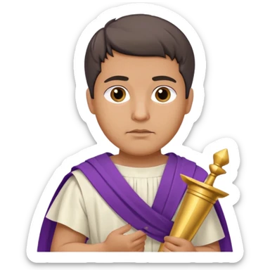 An emoji portrait of a Roman nobleman. He wears a white toga with a purple border. He has a serious, dignified expression and holds a scroll. sticker
