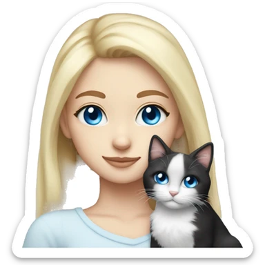 Blonde girl blue eyes snuggling fluffy black and white tuxie cat sticker