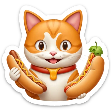 A cartoon cat holding one hot dog and eating it sticker