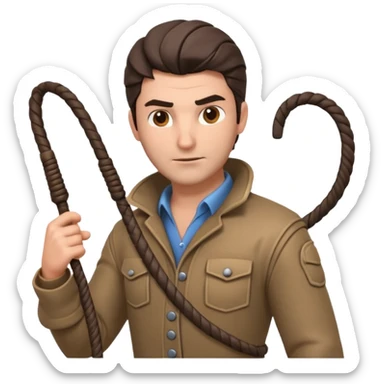 man with a whip portrait, head and shoulders only, whip coiled on shoulder, rugged outfit, confident look, 3D cartoon, mobile game icon style, clean background, no text, no watermark
 sticker