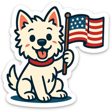 cute cheerful West Highland White Terrier holding and waving an American flag, vibrant toon style sticker