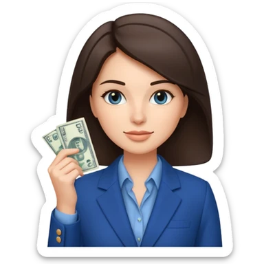 brunet Woman wearing blue suit holding dolar sticker