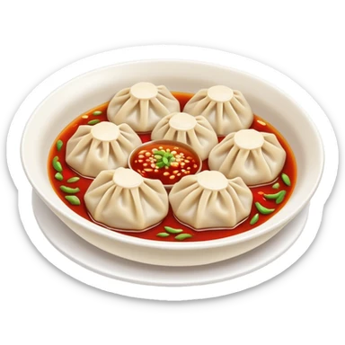 Chongqing Zhong Dumplings with red chili oil sauce, simplified emoji style with bold outlines and bright colors, cartoon style Sichuan spicy boiled dumplings sticker