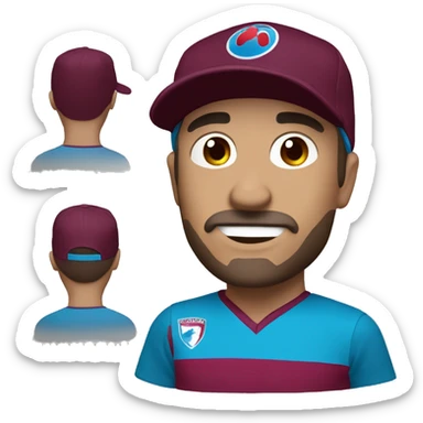 create en emoji , A man in his 30s wearing a maroon and blue Trabzonspor jersey. He has a maroon and blue coloured sport cap on his head and a slight smile on his face. sticker