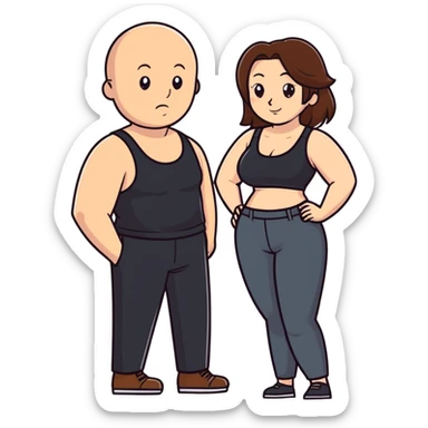 One Caucasia woman with brown hair and big boobs,  a black tank top and pants with her hand in the pants of a bald man sticker