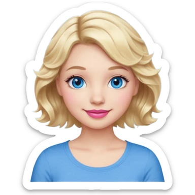 Girl Blonde short wavy hair,  blue eyes, cute blue top, long lashes, pink lips, smiling, 👍🏻 sticker