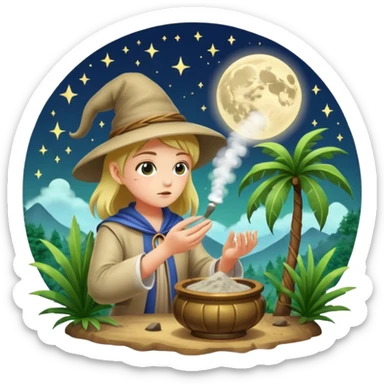 forest alchemist blowing moon dust from palm like spell powder sticker