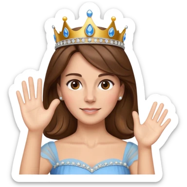 Kate Middleton as an apple style emoji, waving hand, wearing a tiara, brown hair sticker