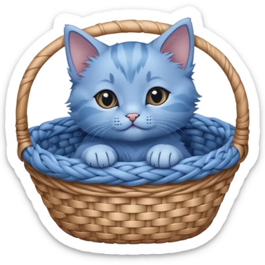 Close-up of a blue kitten lying in a basket, with no details. Minimalist design, focusing on the kitten's simple and cute form in the basket. sticker