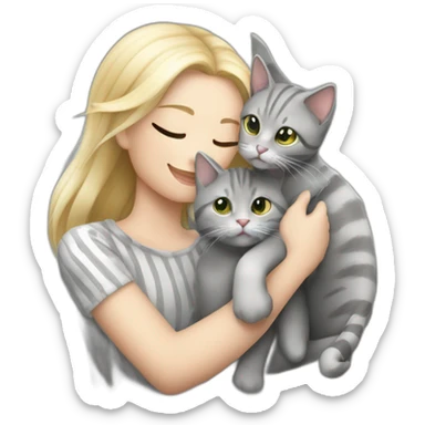 A blond whit hirl with som silver roundglasess is hugging a grey stripet cat and there ar alot of harts sticker
