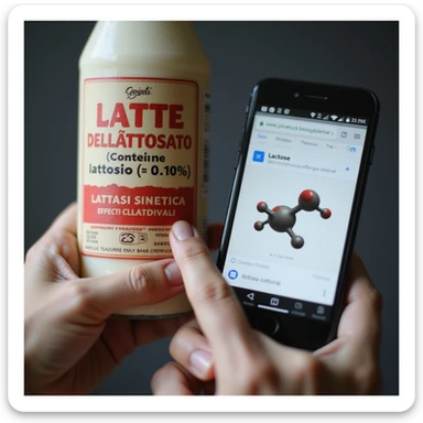 extreme close-up of a product label with 'LATTE DELATTOSATO (contiene lattosio <0.1%)' highlighted in red, a man's finger pointing at the label, phone screen showing a Google search for 'Lattasi sintetica effetti collaterali', and a lactose molecule floating ominously, hyper-realistic sticker