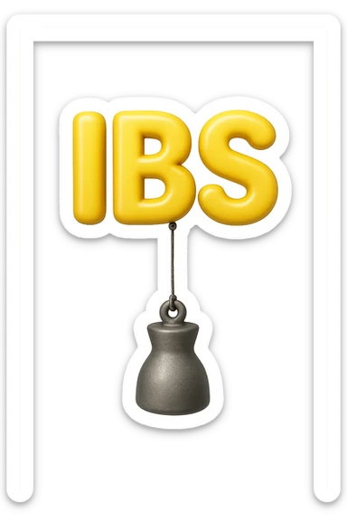 emoji stile iphone della parola "IBS" sospesa in aria con zavorra attaccata sotto che la fa cadere per il peso, iperrealistico 4k sticker