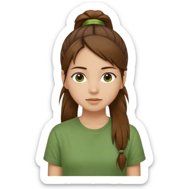 Make a zumba coach emoji, brown eyes, brown hair girl, green shirt withe "the roots" on it, longer pony tail hair sticker