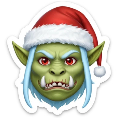 Fantasy orc emoji portrait, Santa Claus hat stretched around tusks, tusks covered with ice and crimson frost cracks, cold predator expression, winter hunt atmosphere, minimal clean emoji design, female variant
 sticker