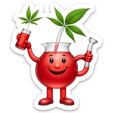 Kool-Aid Man pitcher character with legs and arms holding a bong and a prominent cannabis leaf sticker