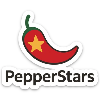 company logo PepperStars: red chili pepper with a golden star, modern style sticker