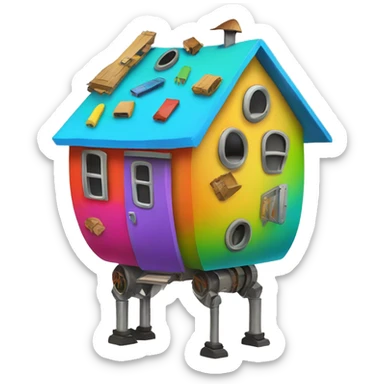 multiple colorful pieces of junk creating a round walking house on four tall legs  sticker