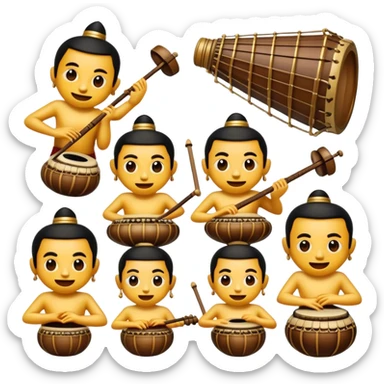 Cinematic Realistic Gamelan Pop Culture Emoji, depicted with an ensemble of traditional Indonesian instruments rendered with rich textures and rhythmic, cultural lighting. sticker