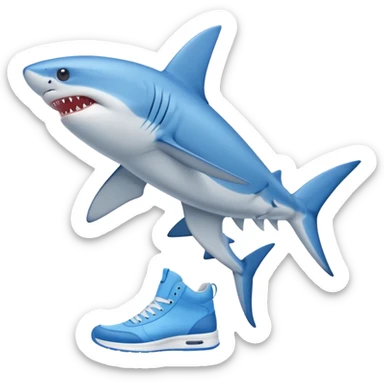 a blue shark walking on two legs, wearing blue high-top sneakers sticker