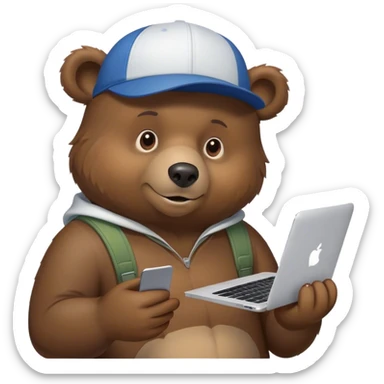 Bear wearing a cap and holding a MacBook in one hand and in the other texting on an iPhone sticker