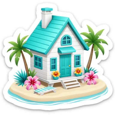 cute beach house, turquoise and white, colorful details, tropical flowers, 3D cartoon, mobile game icon style, clean background, no text, no watermark
 sticker
