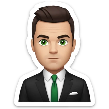 Robbie Williams with dark brown hair, green eyes, suit sticker