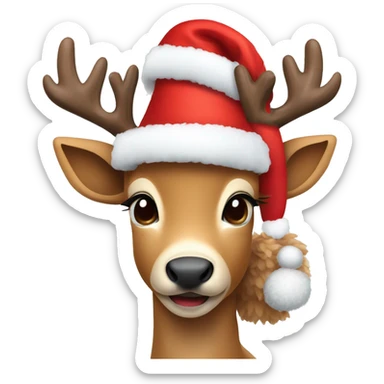 Create a cute deer emoji with soft brown fur, big kind eyes and horns. A red Christmas hat or a wreath of fir branches can be on the head to create a festive image sticker