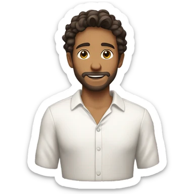 Recreate a young man with wavy dark brown hair, a short beard, and a slight smile. He wears a white open-collar shirt and has a small earring in his left ear. His expression is calm and friendly sticker