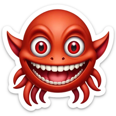 Creature comes out of the eye of a another creature who has red skin and a wide smile with long teeth sticker