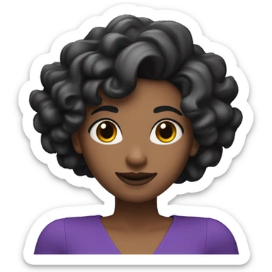 And a 3D illustration of a female character with long medium curly black hair smiling wearing lipstick round face black eyes animated. The character must wear a long-sleeved purple blouse. sticker
