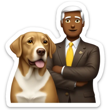 Donald trump next to a chocolate lab dog with a white stripe on chest and yellow eyes sticker