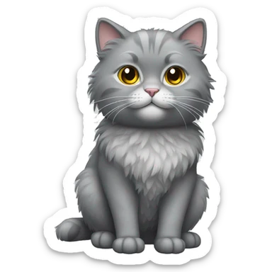 Grey fluffy cat with body showing sticker