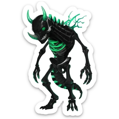 Horned Evil Cool Handsome Badass Edgy Obsidian-black and neon-glowing-green skeletal Meloetta-Salandit-Gorebyss-Zygarde-Pokémon-Fakémon-creature-fusion-hybrid sticker