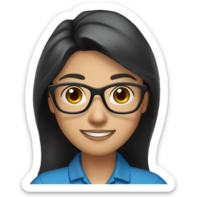 female teacher, long black hair with some grey, wearing blue eyeglasses. Brown eyes. Wering a polo shirt. Smiling sticker