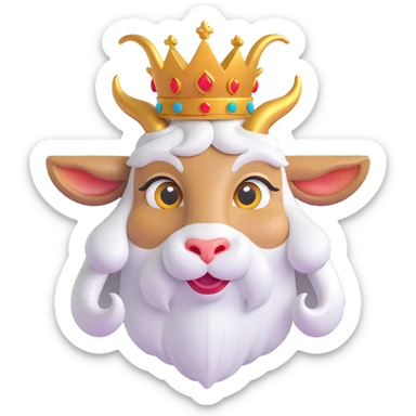emoji-style goat face with big curved horns, a long white beard like an old wise goat, wearing a golden crown on its head, big cute eyes, cartoonish expression, majestic yet friendly look, clean and colorful digital art, simple background sticker