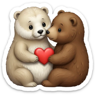 small white seal kissing a big brown bear with a heart between them sticker