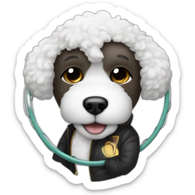 rapper-with hoop-white skin-black hair-beard-bichon dog-white-smile sticker