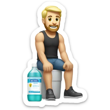 Buff man with blonde short hair and a medium length blonde beard riding on top of a giant bottle of listerine sticker