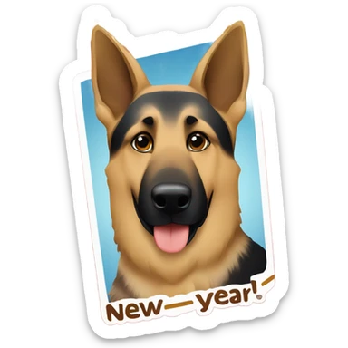 Blonde and brown German shepherd holding a sign that says “Happy New Year” sticker