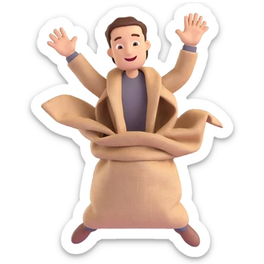 3D style cartoon man jumping in a burlap sack, holding sack with both hands, joyful, minimal background sticker