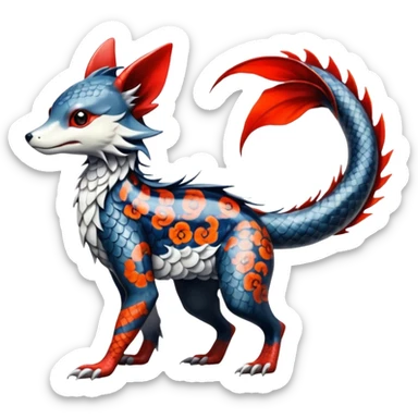 Edgy badass swimmy wet painted intricate ornate Japanese Asian koi-Sergal-Lykoi-Linoone-Electrike-Zangoose-fusion-hybrid-animal-Fakémon-creature, full body, thin long sleek scaly tail, intricate markings sticker