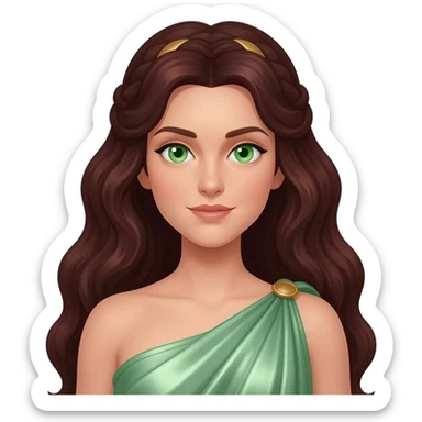 Proserpina from Roman Mythology with green eyes, long dark auburn hair, light green metallic peplos sticker