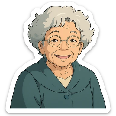 ghibli style older lady with silver curly hair smiling sticker