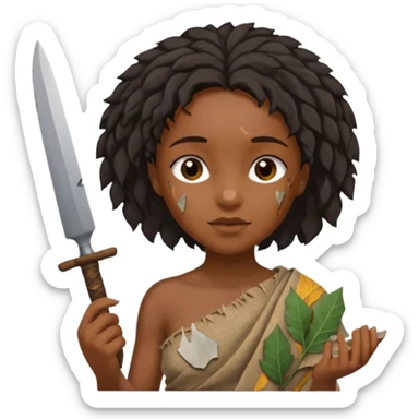 ancient black girl, tattered leaf cloth, hold broken stone knife sticker